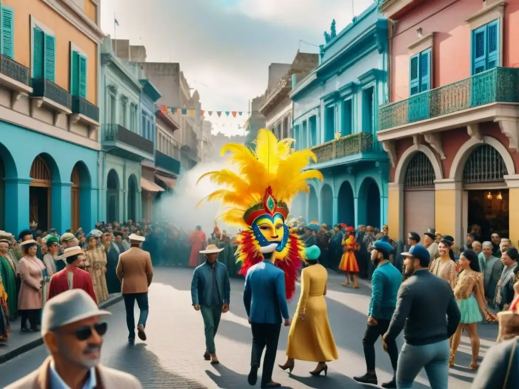 Una acuarela detallada que captura la energía de una calle bulliciosa en Montevideo durante la filmación del Carnaval Uruguayo