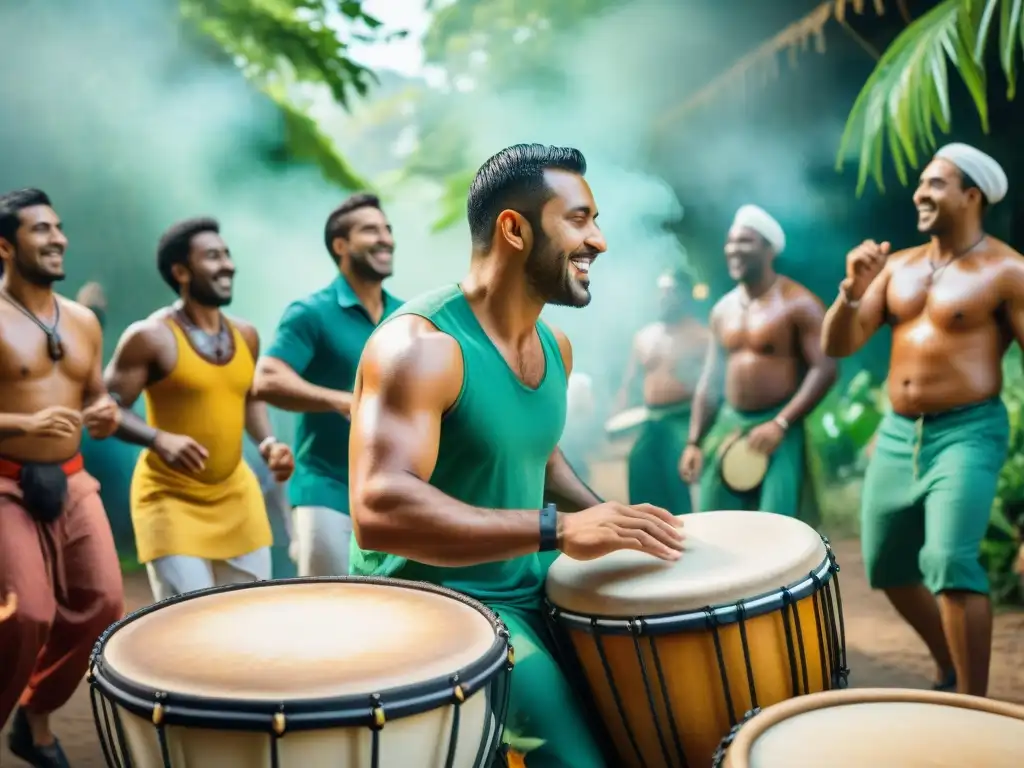 Una acuarela detallada de un taller de Candombe en Uruguay, con gente de todas las edades y orígenes participando alegremente