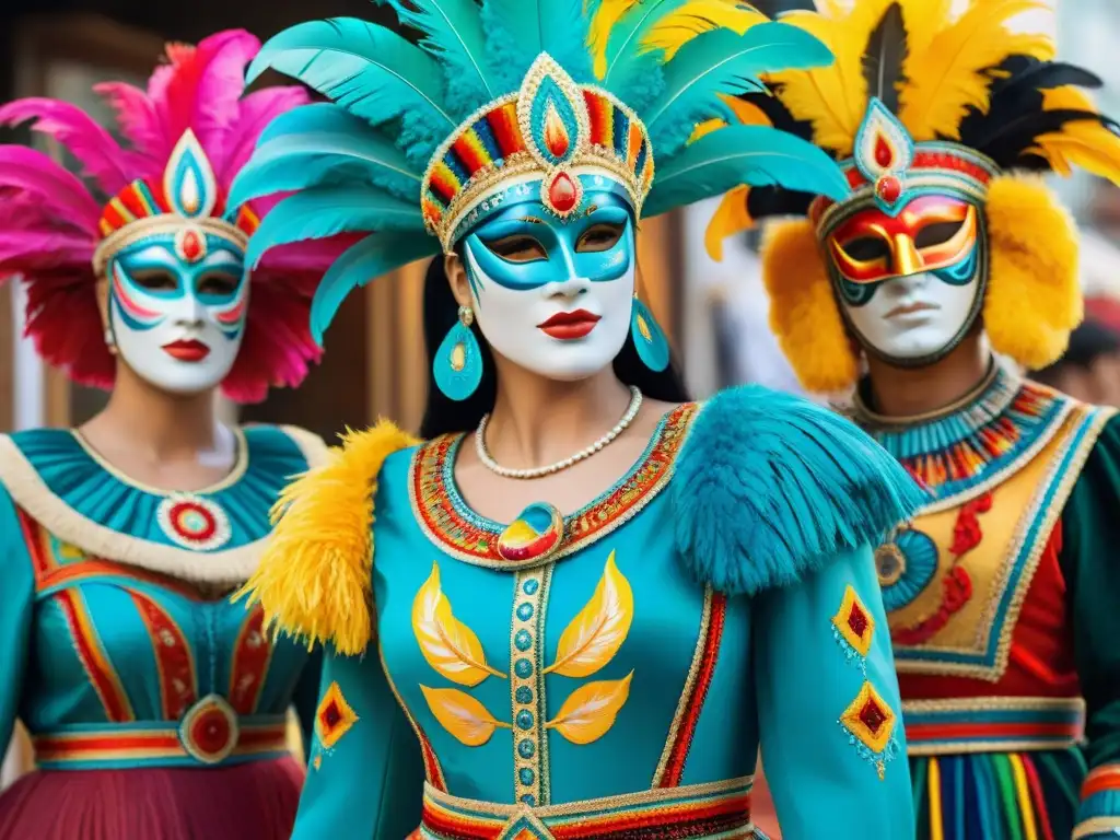 Acuarela detallada de trajes vibrantes del Carnaval Uruguayo en maniquíes, rodeados de máscaras y instrumentos, conservación trajes Carnaval Uruguayo