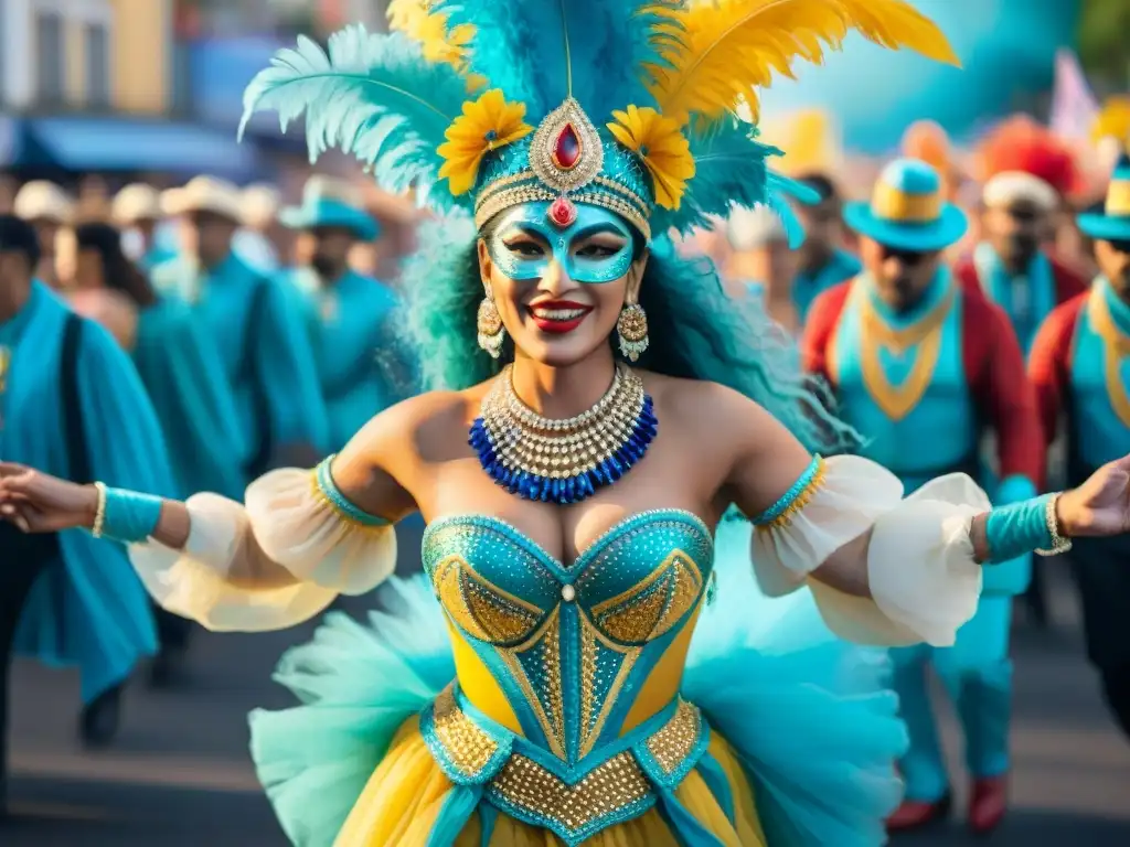 Una acuarela detallada del vibrante Carnaval en Uruguay, con deslumbrantes trajes y coloridos desfiles