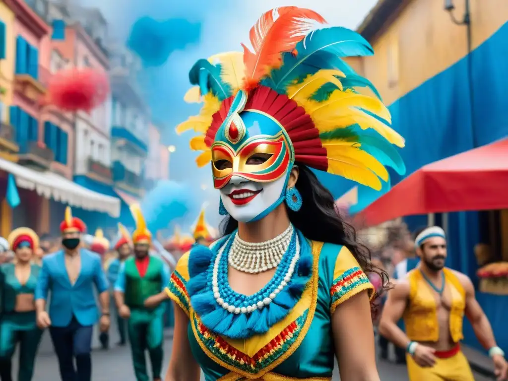 Acuarela detallada del vibrante Carnaval Uruguayo, atractivo turístico global