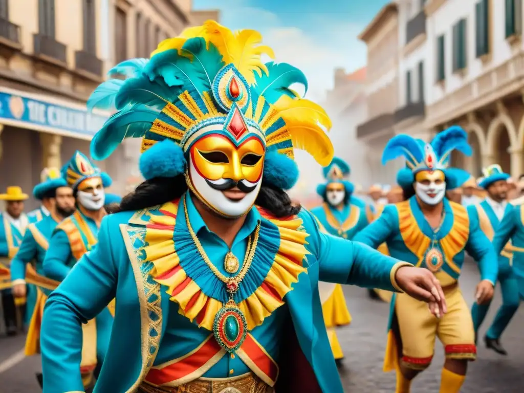 Una acuarela detallada del vibrante Carnaval Uruguayo, con trajes coloridos y danzas alegres en las calles históricas