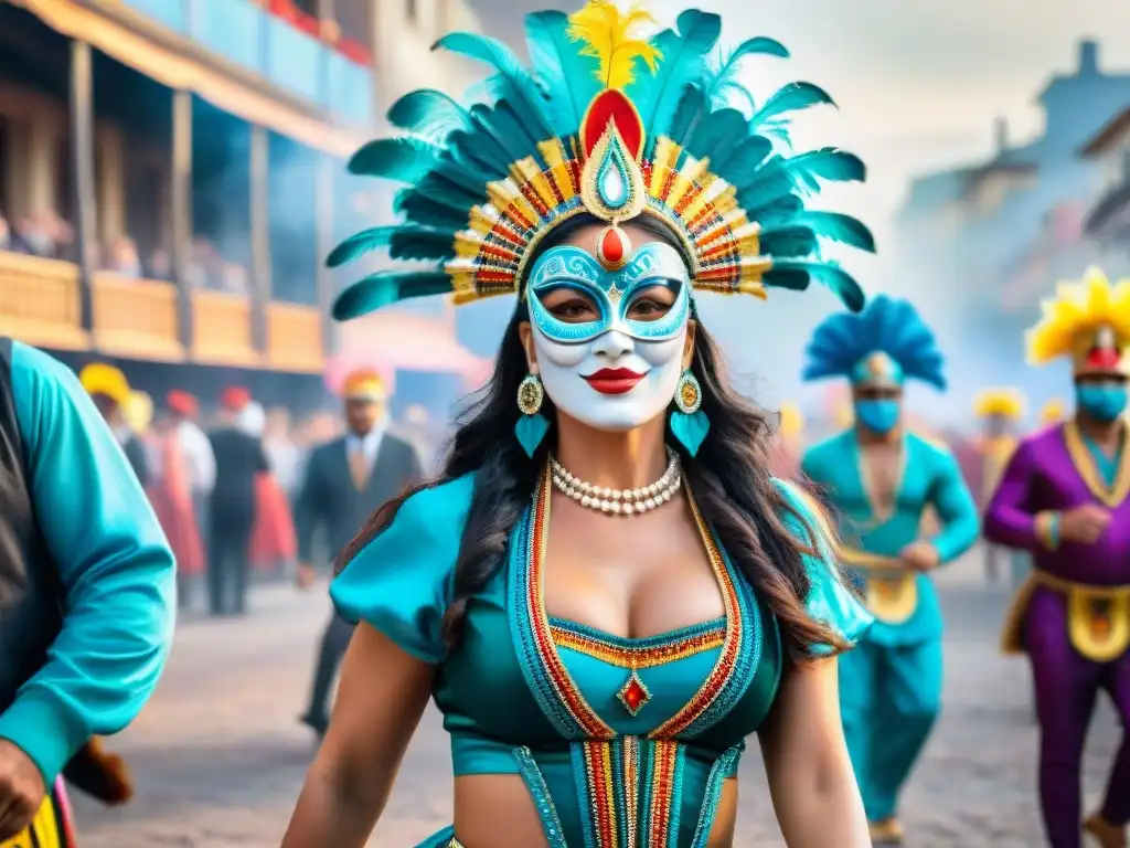 Una acuarela detallada que muestra los vibrantes trajes tradicionales del Carnaval en Uruguay, con bailarines, máscaras e intrincadas tocados, en medio de la música y multitudes alegres