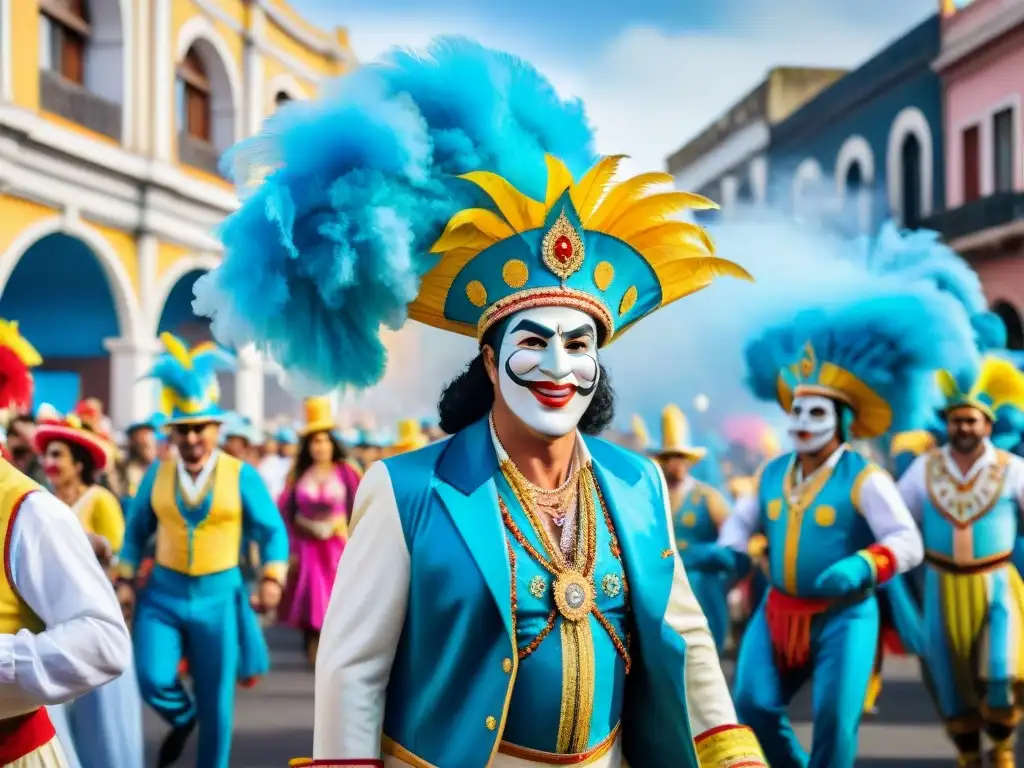 Una acuarela vibrante de un animado desfile de carnaval en Uruguay, con carrozas coloridas, bailarines y espectadores disfrutando del ambiente festivo