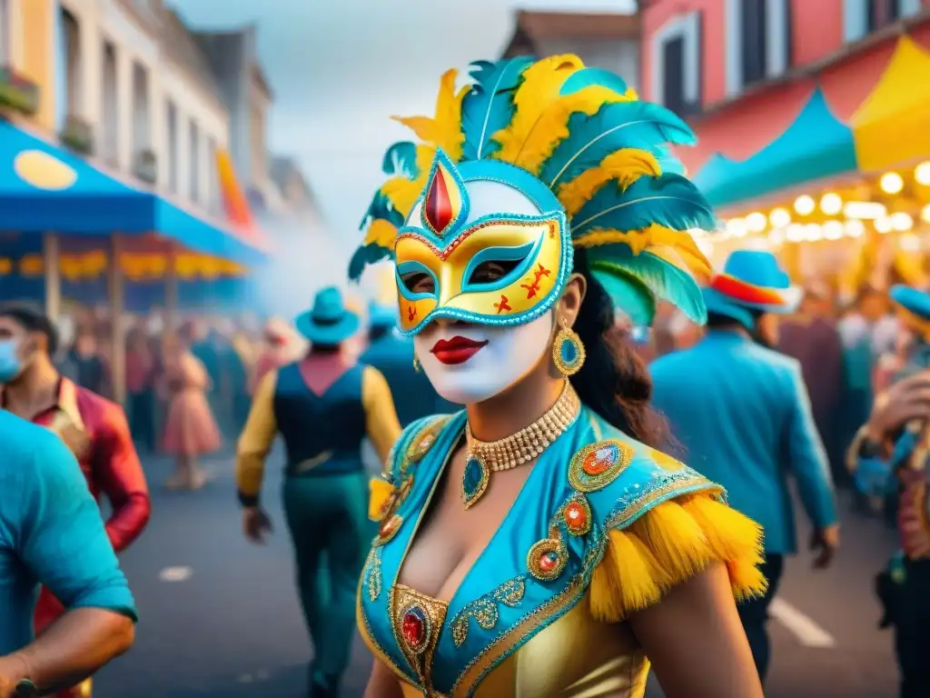 Una ilustración en acuarela vibrante del Carnaval en Uruguay, con trajes coloridos, danzas tradicionales y espectadores emocionados