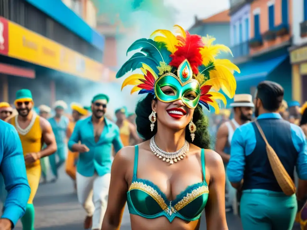 Una acuarela vibrante del Carnaval Uruguayo, con colores, música y baile, capturando la estética visual del evento