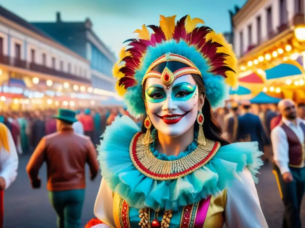 Ilustración de acuarela del vibrante Carnaval Uruguayo, con coloridos trajes y música alegre en las calles