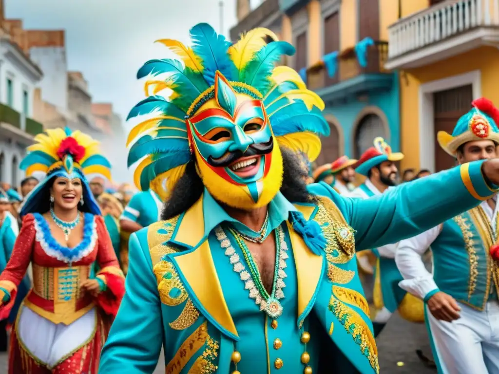 Celebración alegre de Carnaval en Uruguay: danzas, máscaras y disfraces coloridos, edificios coloniales festivos