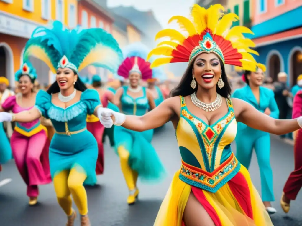 Un alegre desfile de Carnaval en Uruguay con vibrantes trajes y participación mujeres Carnaval Uruguayo