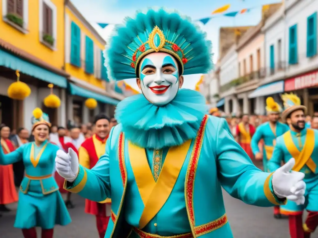 Alegre desfile de niños en trajes tradicionales del Carnaval Uruguayo, rodeados de coloridos libros educativos