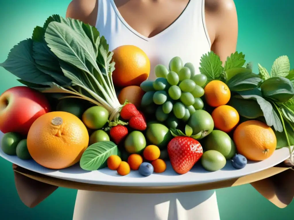 Una alegre ilustración acuarela de frutas y verduras frescas en una cornucopia rebosante de vitalidad y frescura