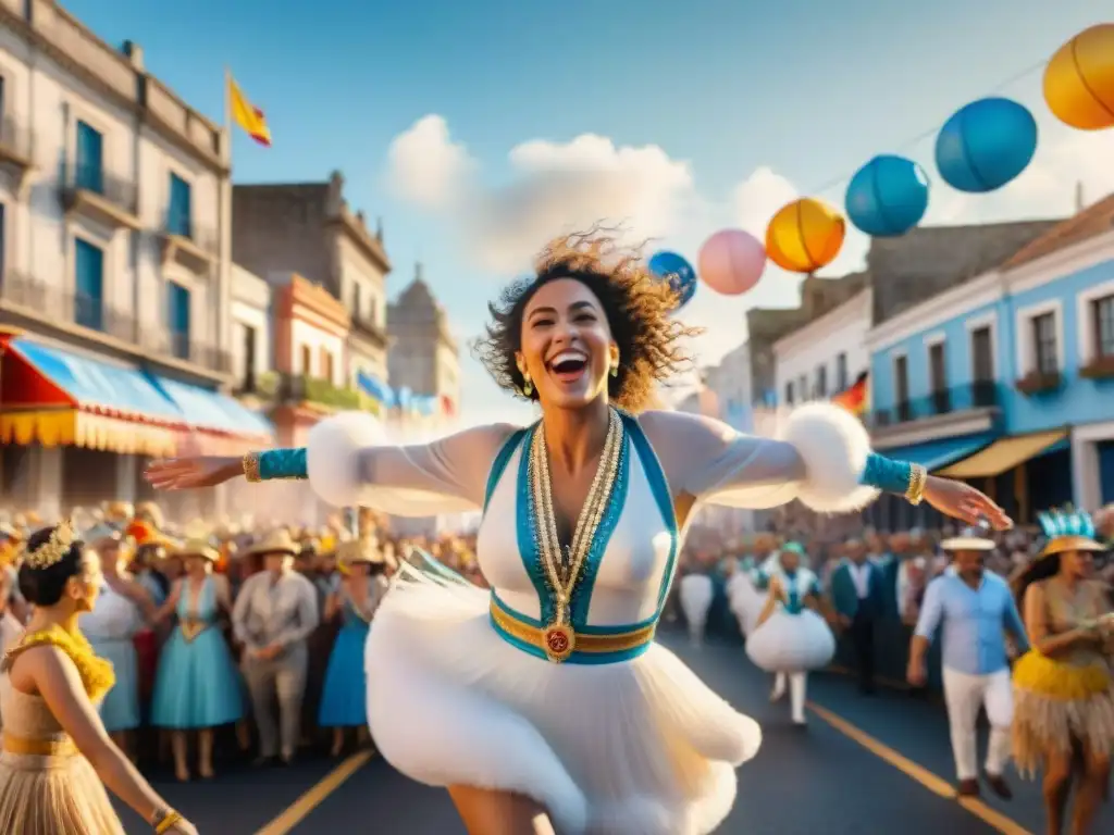 Alegre pintura acuarela del Carnaval en Uruguay