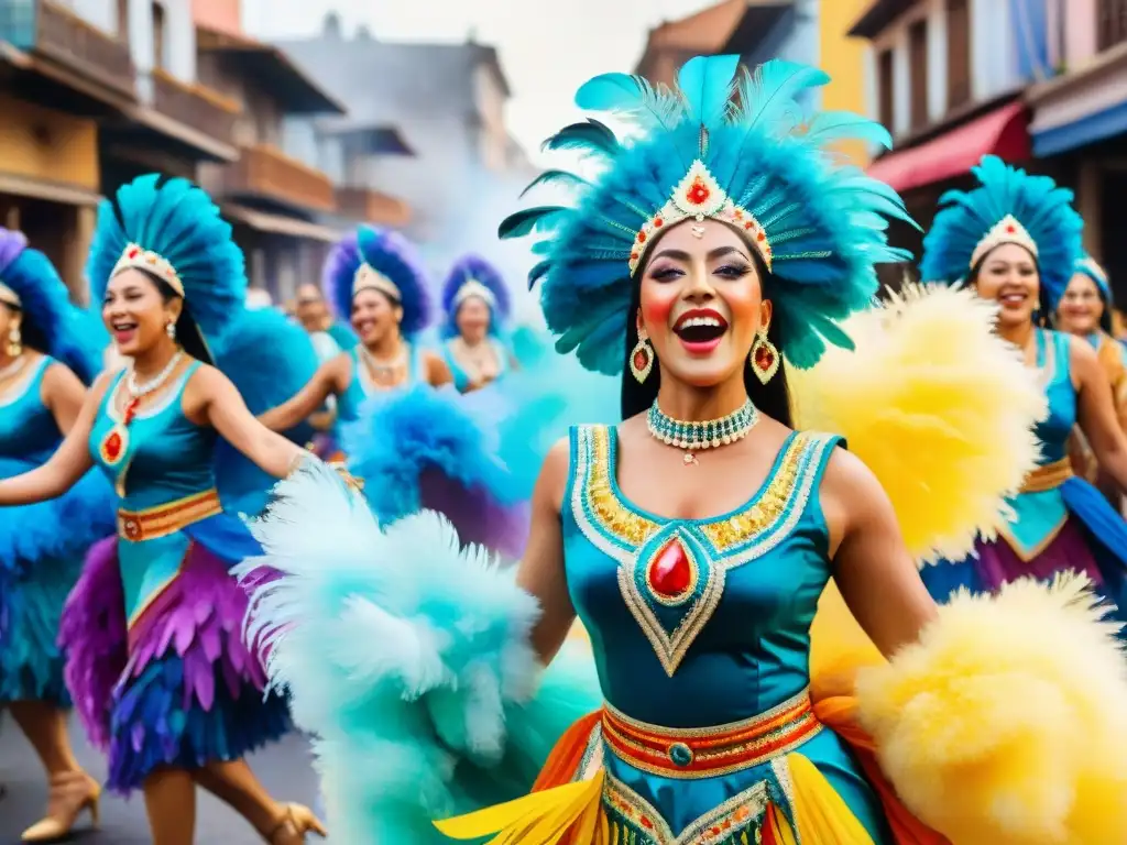 Alegres retratos de Carnaval Uruguayo: bailarines vibrantes en trajes coloridos