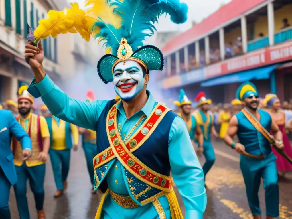 Amorín Batlle disfruta del Carnaval Uruguayo rodeado de danzarines y confeti, celebrando la tradición y resiliencia