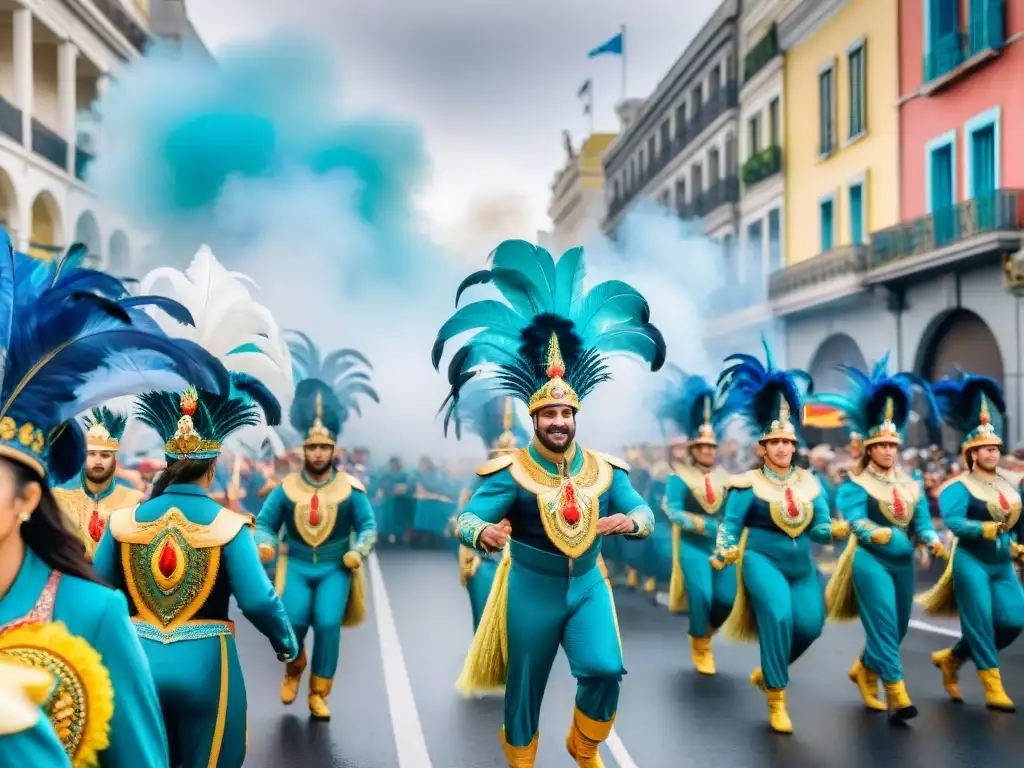 Una animada ilustración de acuarela de un bullicioso desfile callejero durante un colorido carnaval en Uruguay