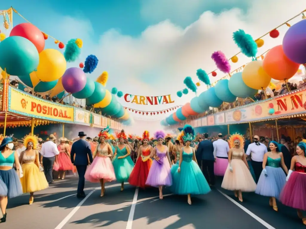 Una animada ilustración acuarela de una bulliciosa calle de carnaval con personas luciendo disfraces coloridos y elaborados