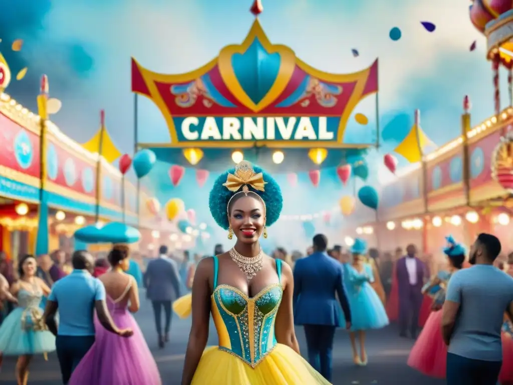 Una animada ilustración acuarela de una bulliciosa calle de carnaval con trajes coloridos y elaborados