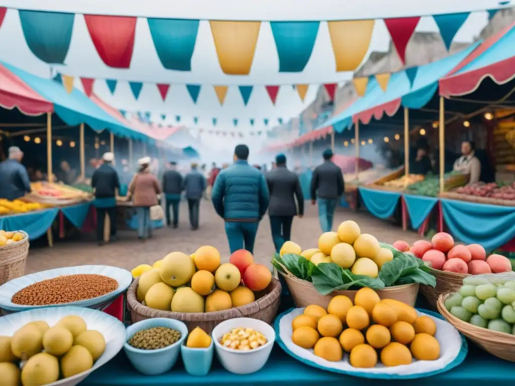 Una animada ilustración acuarela de un bullicioso carnaval en Uruguay, con coloridos puestos de comida ofreciendo comidas rápidas saludables