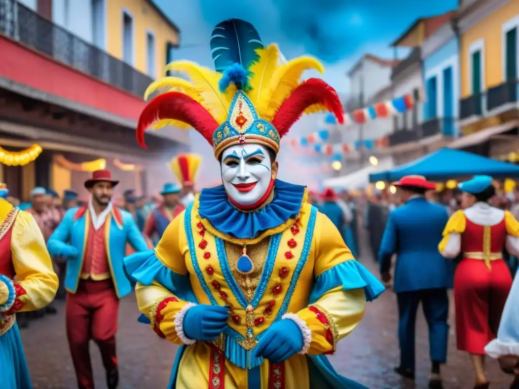 Animada ilustración acuarela del bullicioso Carnaval en Uruguay, con floats, bailarines y espectadores disfrutando de la festividad