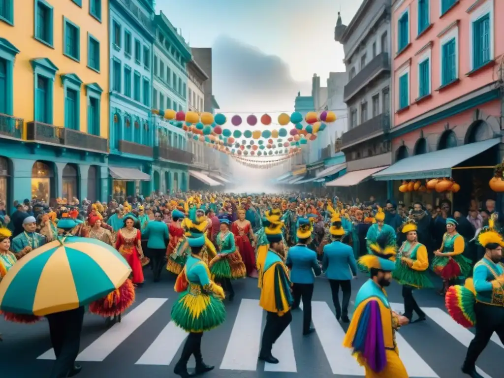 Una animada calle del Carnaval en Montevideo, Uruguay, muestra la preparación Carnaval Uruguayo con floats y bailes coloridos