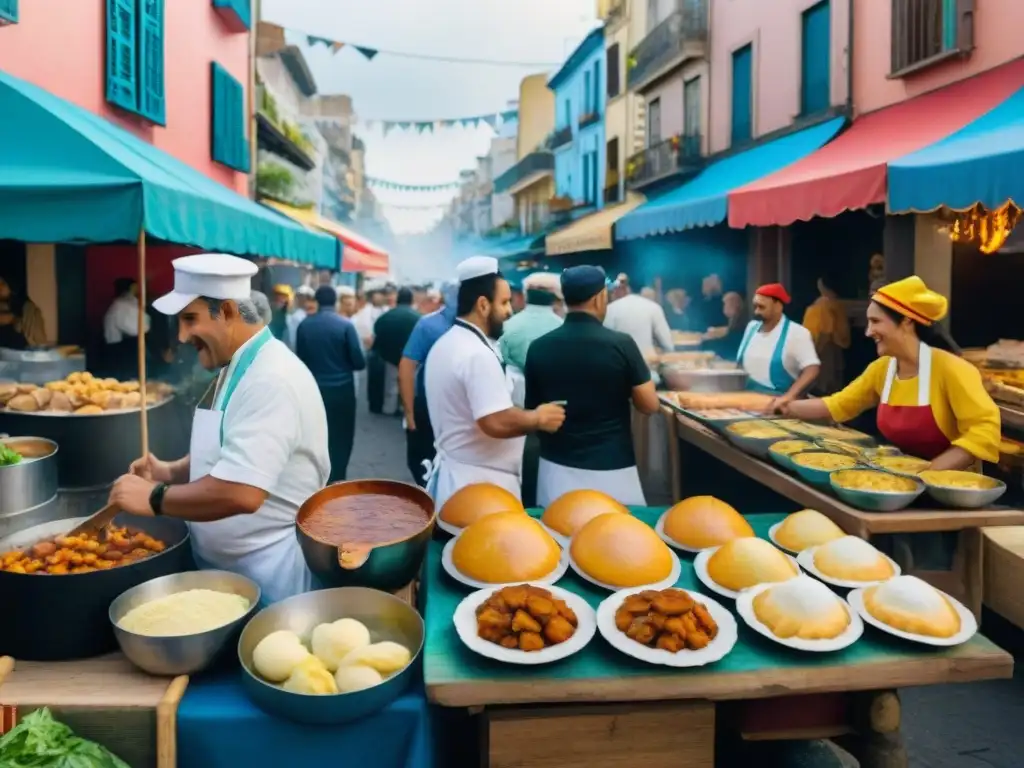 Pintura detallada de carnaval en Montevideo con chefs preparando platos uruguayos tradicionales Una animada calle de Montevideo durante el Carnaval, con coloridos puestos de comida y chefs preparando platos uruguayos