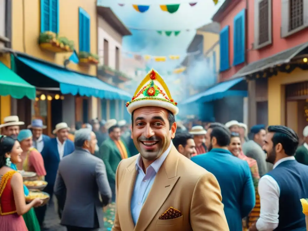 Una animada calle uruguaya durante Carnaval, con música tradicional y puestos de comida vendiendo deliciosos Chivitos