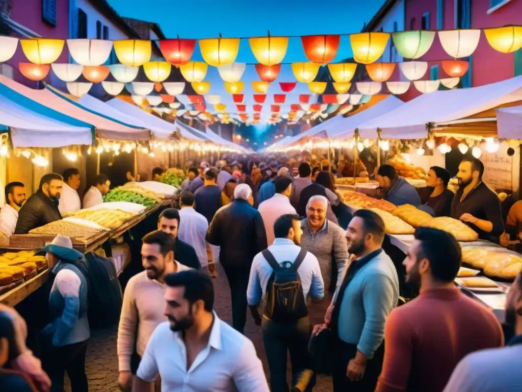 Animada ilustración acuarela de una calle en Uruguay en Carnaval, con puestos de comida vendiendo delicias uruguayas