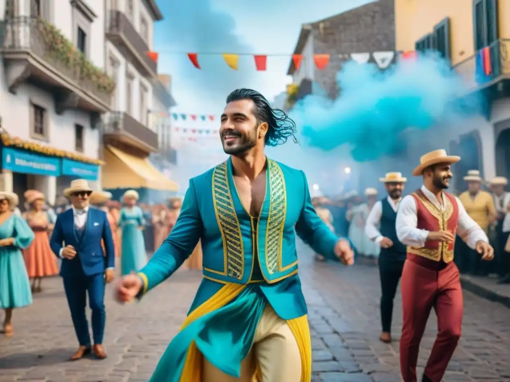 Carnaval en Uruguay: Escena vibrante y colorida Animada ilustración acuarela del Carnaval en Uruguay, con artistas, música y confeti