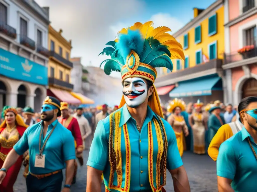 Una animada ilustración acuarela del Carnaval en Uruguay con desfiles coloridos y edificios festivos