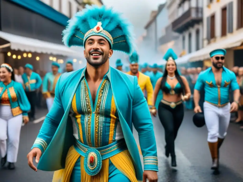 Animada ilustración acuarela del Carnaval Uruguayo con coloridos trajes, bailes y música tradicional, reflejando la atmósfera festiva y dinámica