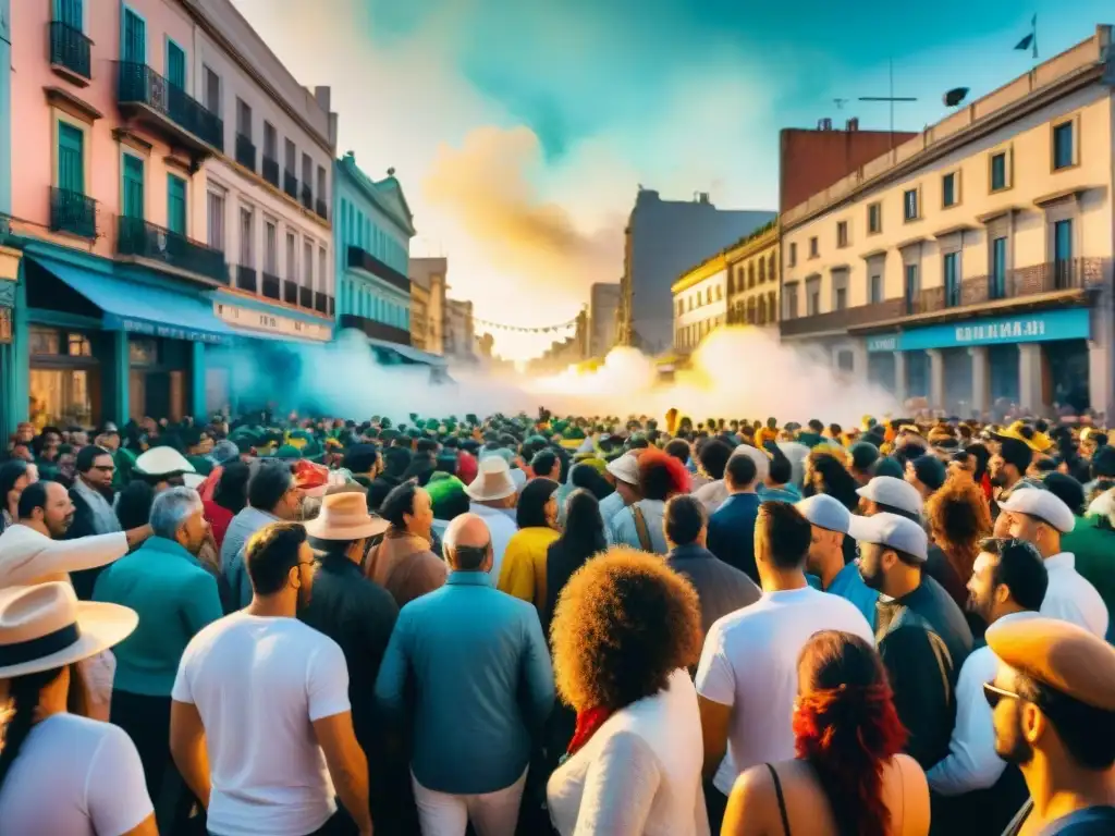 Una animada ilustración acuarela del Carnaval Uruguayo con coloridos detalles y energía comunitaria