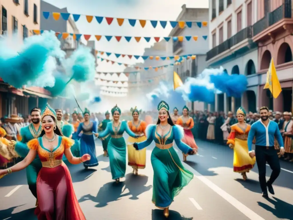 Una animada ilustración acuarela de Carnaval Uruguayo con comparsas, murgas y merchandising oficial Carnaval Uruguayo