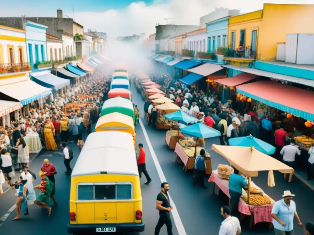 Animada ilustración acuarela de Food trucks Carnaval Uruguay con vibrante escena callejera y festiva multitud