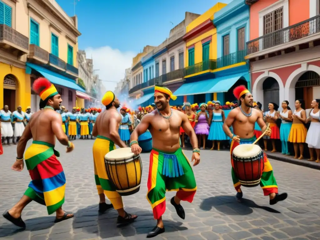 Una animada y colorida procesión de Candombe en las calles de Montevideo con grandes maestros del Candombe Uruguayo