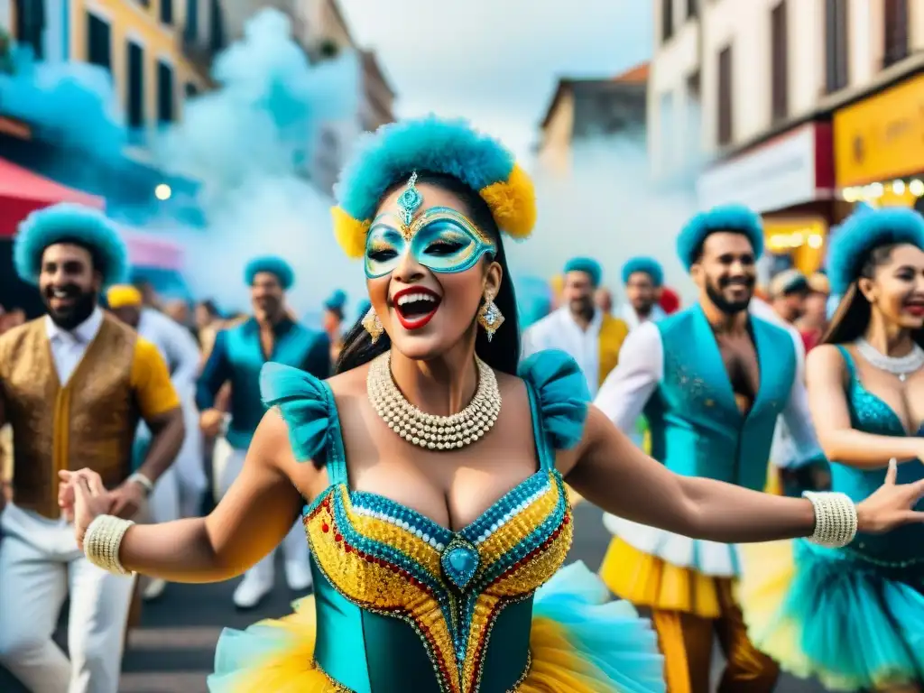 Una animada ilustración acuarela de coloridos bailarines de carnaval en Uruguay, capturando la alegría y energía del evento