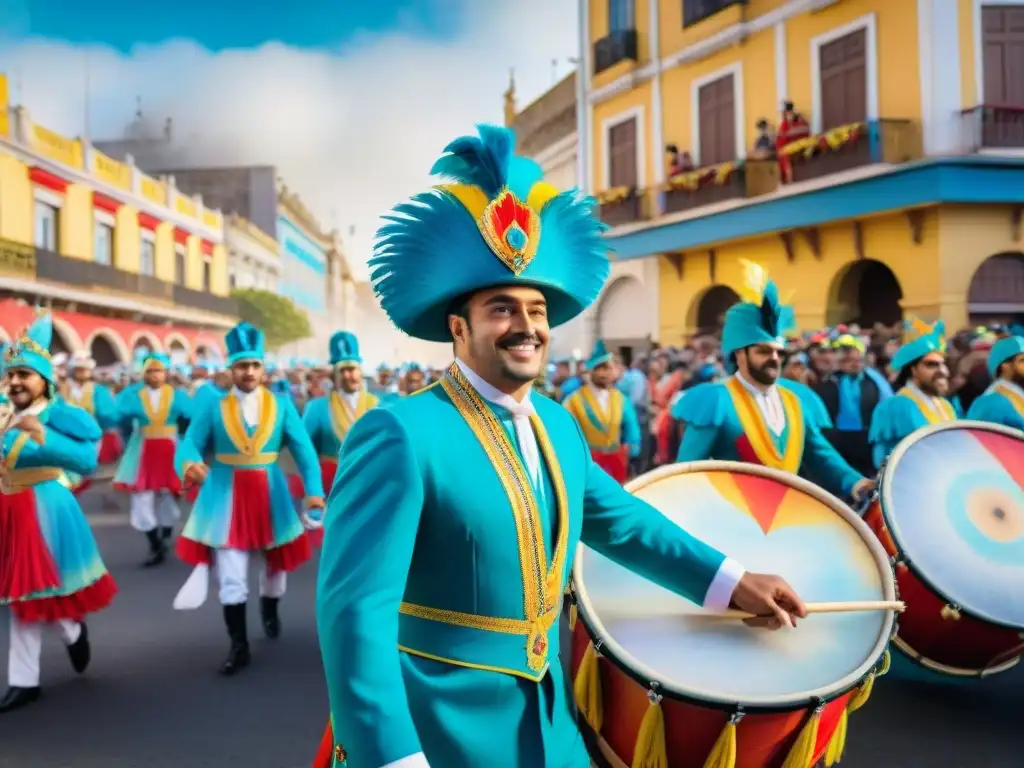 Animada ilustración acuarela de desfile callejero durante el Carnaval Uruguayo en Montevideo