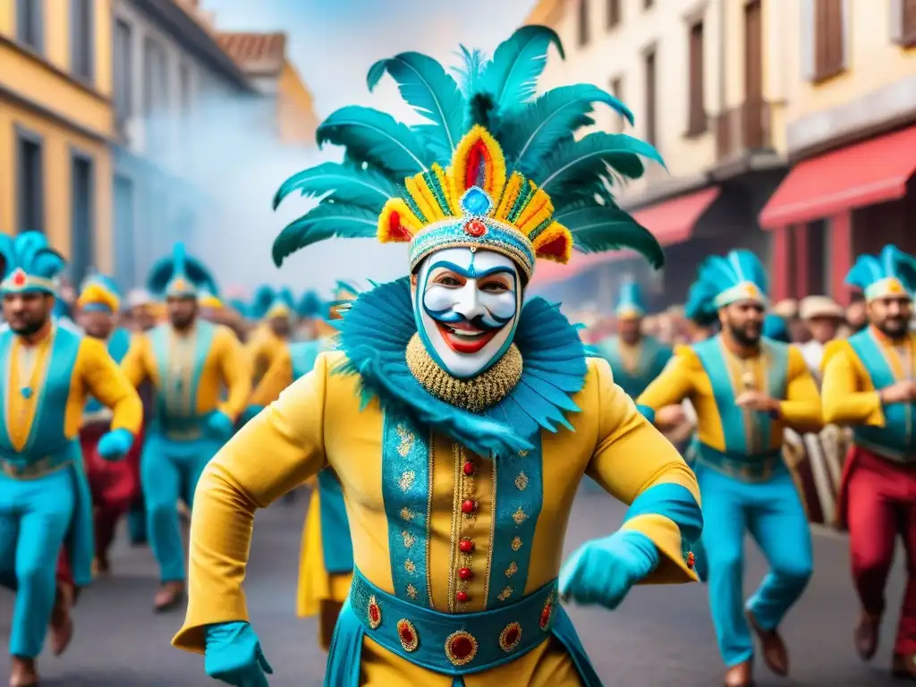 Una animada ilustración acuarela de un desfile de carnaval tradicional uruguayo con bailarines coloridos en trajes adornados con granos de quinoa