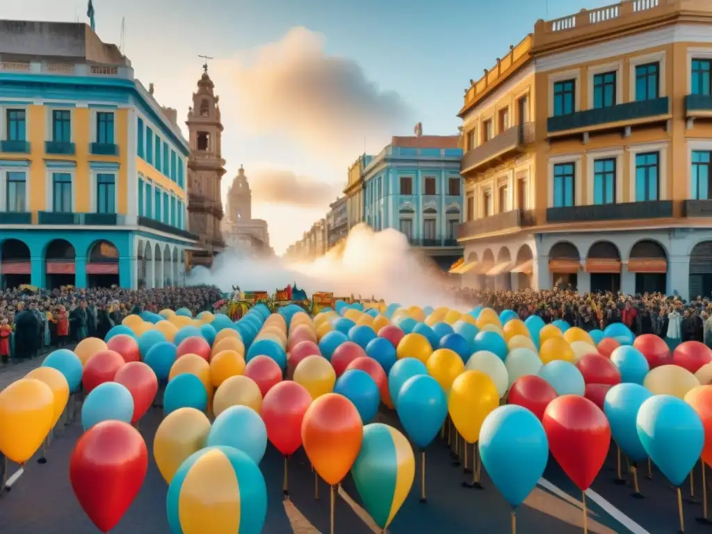 Una animada representación acuarela de un desfile en Montevideo, Uruguay, destacando la importancia del humor uruguayo en el Carnaval