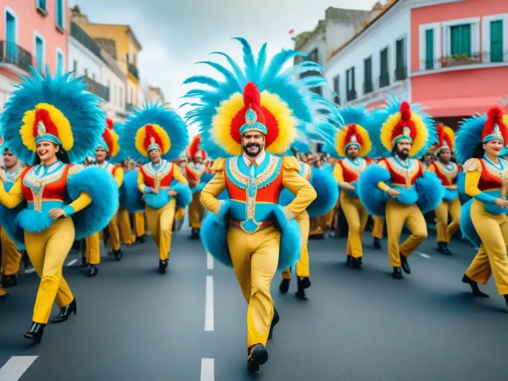 Una animada ilustración detallada en acuarela de un vibrante desfile de Carnaval en Uruguay, con coloridas carrozas, bailarines en trajes elaborados, músicos tocando instrumentos tradicionales y espectadores animando en las calles