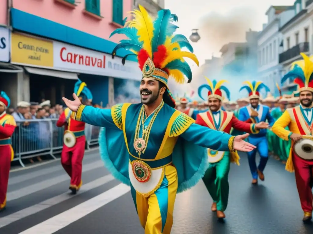 Una animada y detallada pintura acuarela del vibrante Carnaval en Uruguay