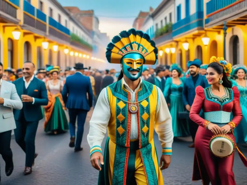 Una animada escena callejera del Carnaval en Uruguay con trajes tradicionales y coloridos