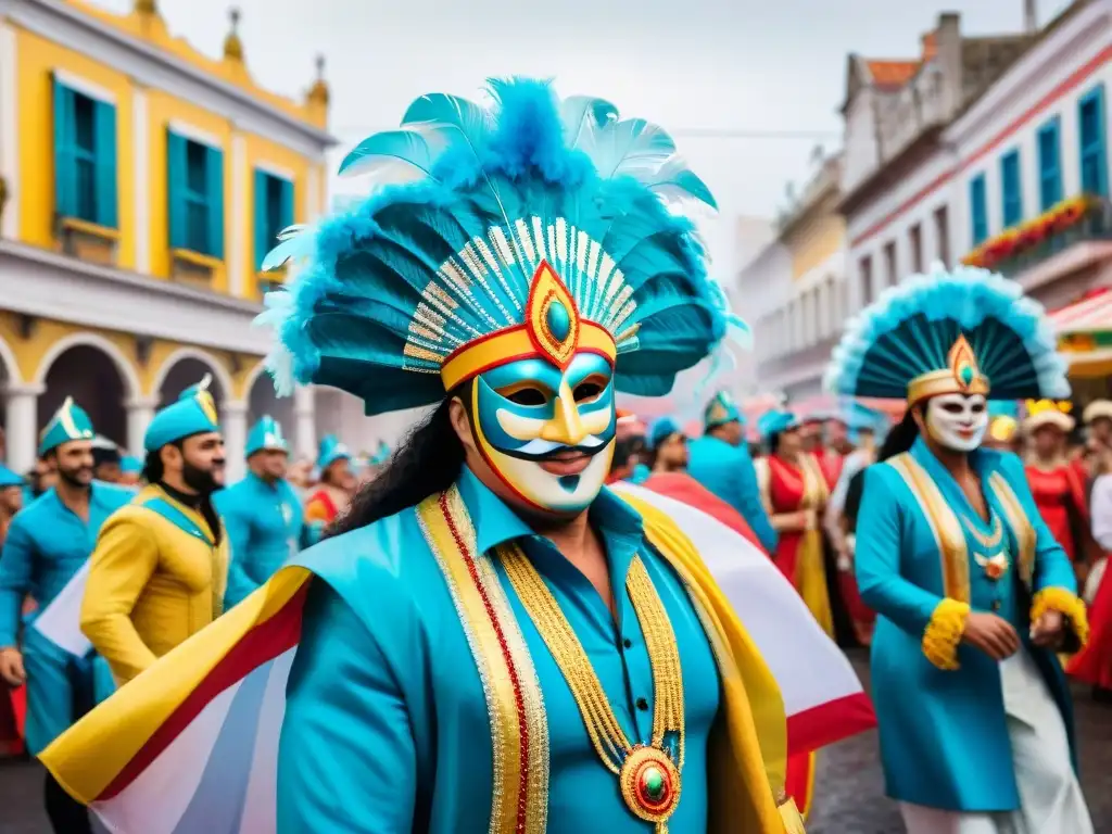 Una animada escena callejera del Carnaval Uruguayo con bailarines, música y espectadores