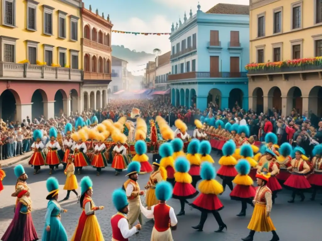 Una animada escena callejera durante el Carnaval Uruguayo, con trajes históricos y colores vibrantes