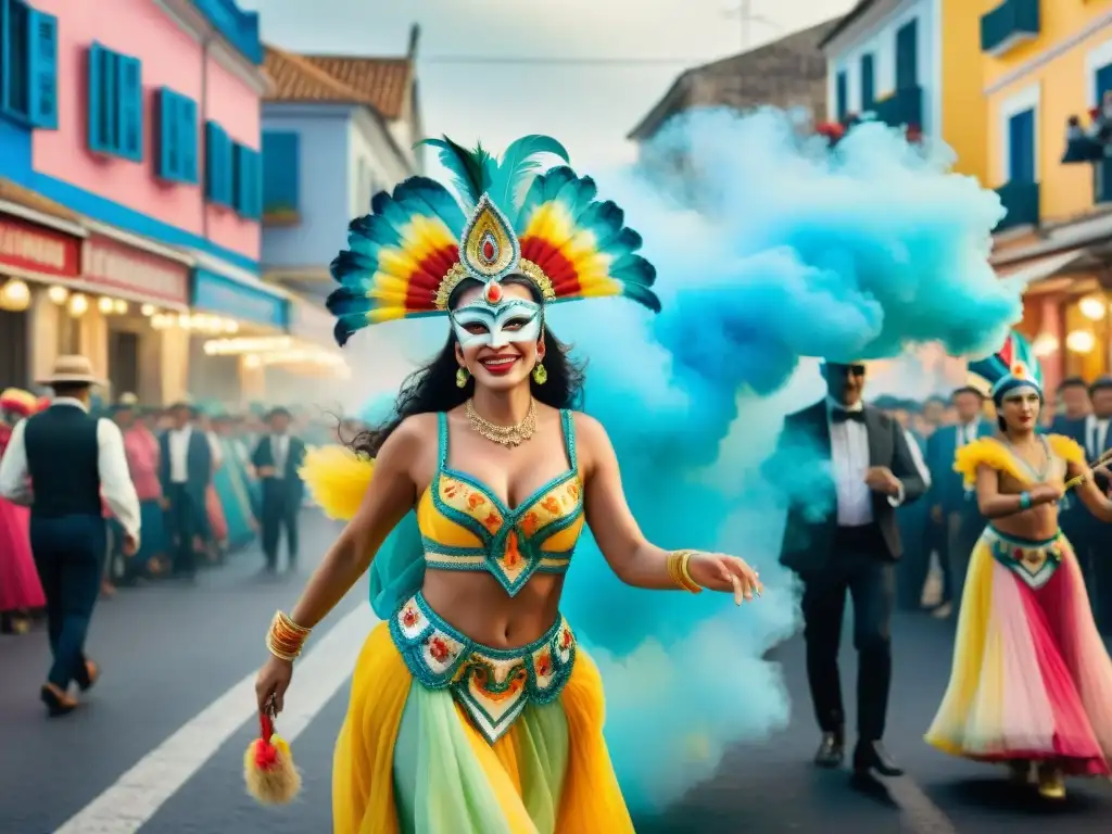 Una animada escena callejera del Carnaval Uruguayo, llena de coloridos trajes tradicionales y música alegre