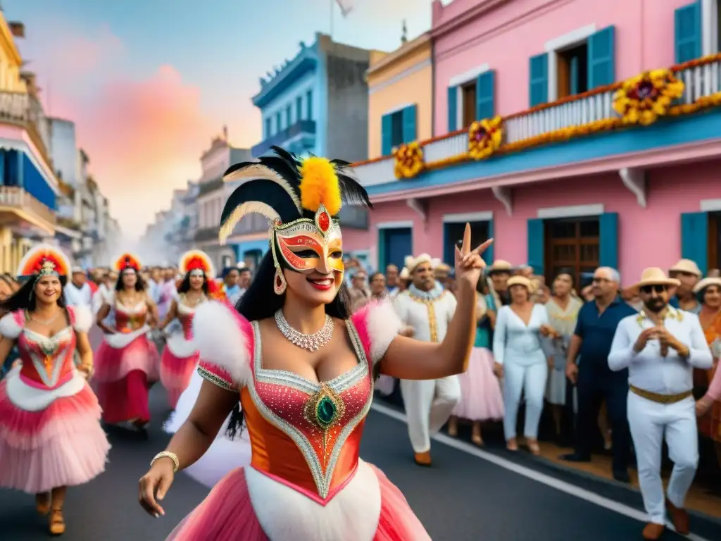 Una animada escena callejera del Carnaval en Uruguay con trajes coloridos, música festiva y decoraciones detalladas