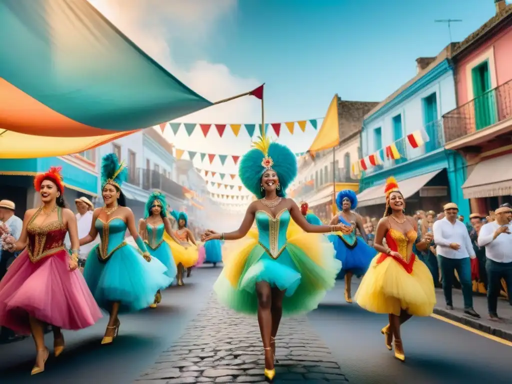 Una animada escena de carnaval en Uruguay con coloridos trajes y música alegre