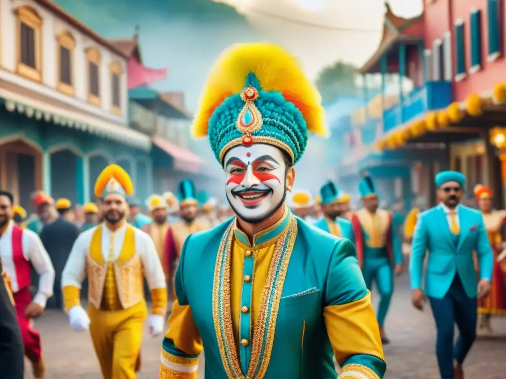 Una animada escena de carnaval con murgas coloridas en trajes elaborados, bailando y cantando en la calle