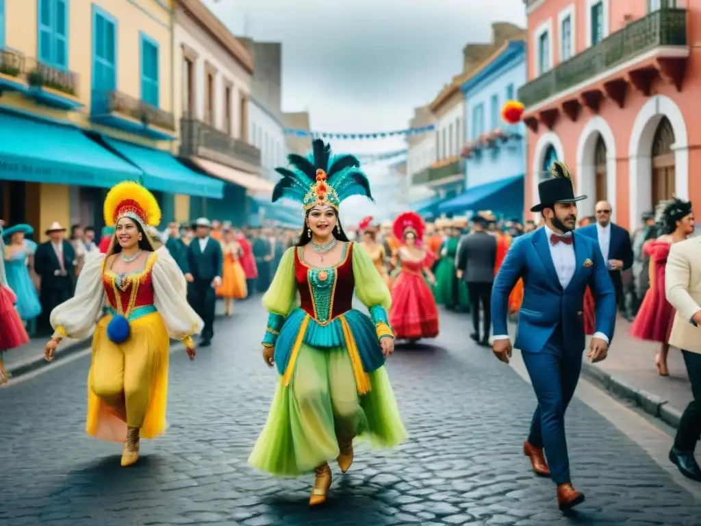 Animada escena de Carnaval en Uruguay con trajes tradicionales y danzas, capturando la esencia festiva