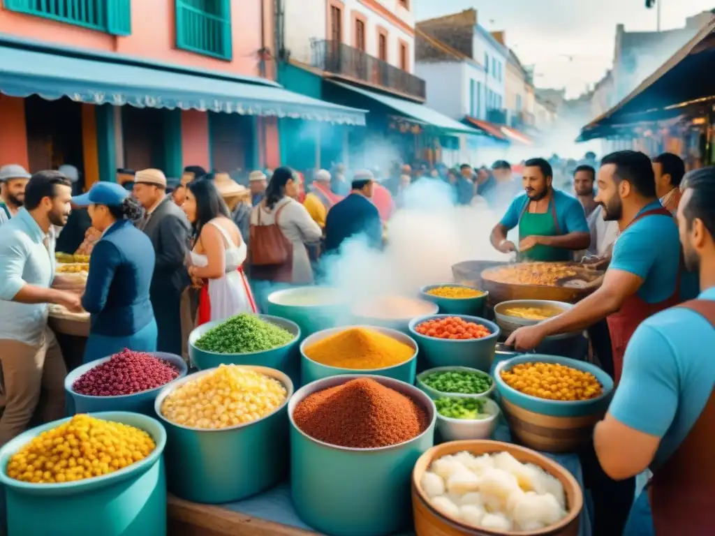 Animada escena de Cocina criolla carnaval Uruguay con multitud multicultural disfrutando platos tradicionales y festiva energía