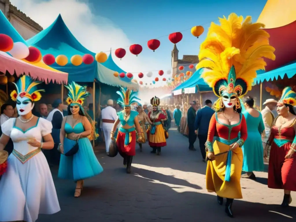 Una animada escena de mercado durante el Carnaval Uruguayo, con artesanos creando artesanías coloridas